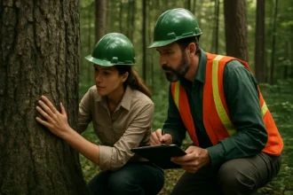 Lesní inžinieri skúmajú strom v lese.