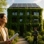 Žena a muž pred ekologickou budovou so solárnymi panelmi a zeleňou.