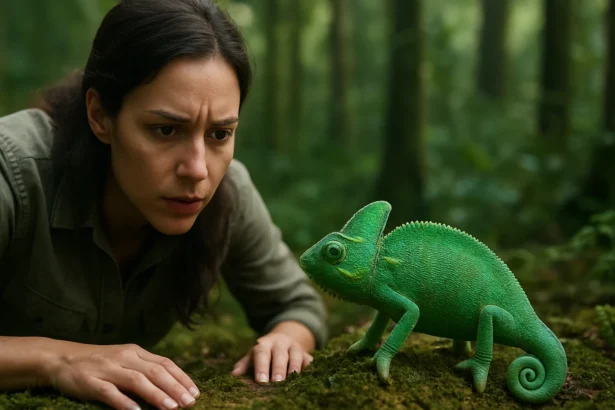 Žena pozoruje chameleóna v lese, zobrazenie adaptácie na prostredie.