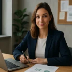 Žena v obleku pracuje na environmentálnych auditoch pri stole.