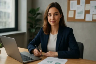 Žena v obleku pracuje na environmentálnych auditoch pri stole.