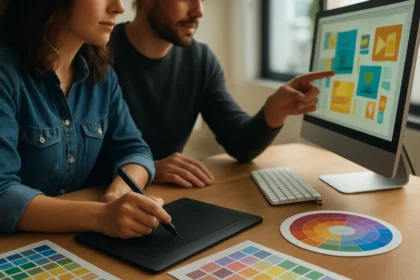 Dizajnéri spolupracujúci na grafickom projekte s tabletom a farbami.