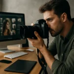 Profesionálny fotograf zachytáva snímku na digitálnom fotoaparáte.