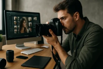 Profesionálny fotograf zachytáva snímku na digitálnom fotoaparáte.