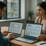 Webdizajnér a UX dizajnér pracujú na svojich projektoch v kancelárii.