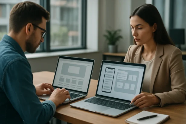 Webdizajnér a UX dizajnér pracujú na svojich projektoch v kancelárii.