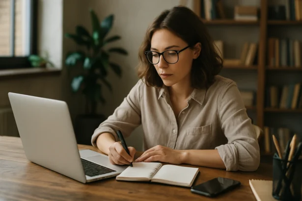 Freelancerka pracujúca s notebookom a notepadom v kreatívnom priestore