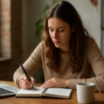 Žena píše v poznámkovom bloku počas práce na kreatívnom marketingu.