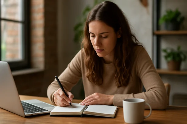 Žena píše v poznámkovom bloku počas práce na kreatívnom marketingu.