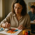 Žena maľujúca farbami v arteterapii na zlepšenie duševného zdravia.