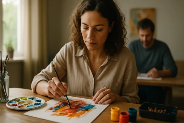 Žena maľujúca farbami v arteterapii na zlepšenie duševného zdravia.