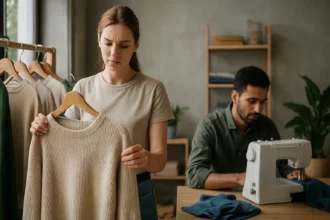 Žena vyberajúca udržateľný sveter v módnom štúdiu.