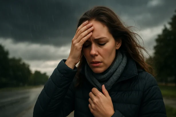 Žena s bolestivým výrazom v extrémnom počasí, symbolizujúca vplyv počasia na zdravie.