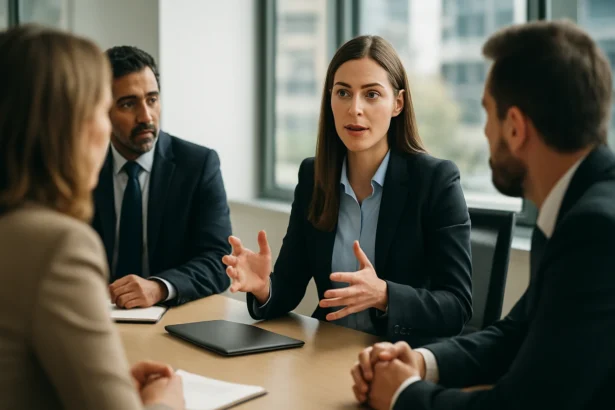 Žena v obleku vedie diskusiu so svojím tímom počas stretnutia.