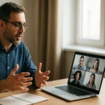 Muž vedie videokonferencia so vzdialenými členmi tímu.