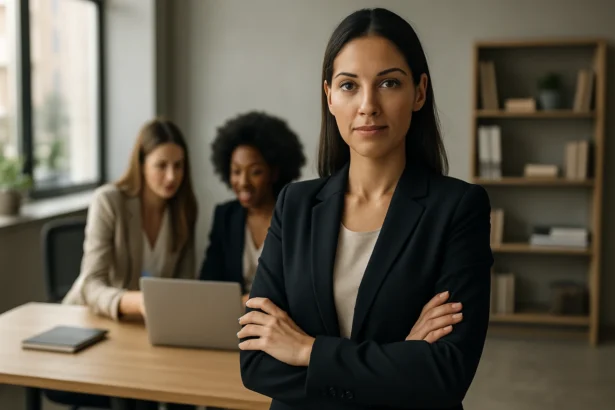 Profesionalna žena s dôvtipom a sebavedomím v kancelárii