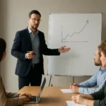 Manažér prezentuje agilné vedenie a rastové stratégie