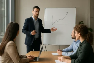 Manažér prezentuje agilné vedenie a rastové stratégie