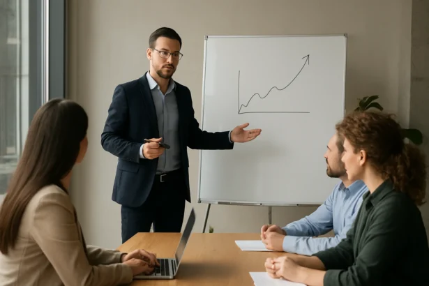 Manažér prezentuje agilné vedenie a rastové stratégie