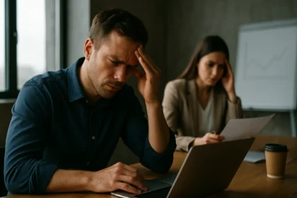 Muži a ženy v stresujúcej pracovnej situácii pred počítačom.