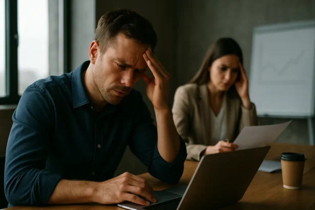 Muži a ženy v stresujúcej pracovnej situácii pred počítačom.