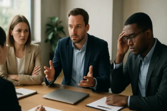 Šéf prednáša strategické riešenia počas konfliktu v kancelárii.