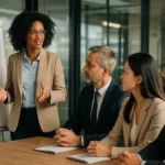 Žena prezentuje grafy a štatistiky tímu v kancelárii.