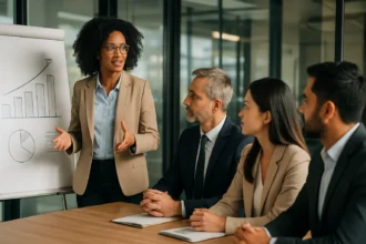 Žena prezentuje grafy a štatistiky tímu v kancelárii.