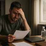 Muž čítajúci dôležité dokumenty s obavami o budúcnosť a prežitie.