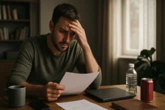 Muž čítajúci dôležité dokumenty s obavami o budúcnosť a prežitie.