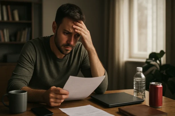 Muž čítajúci dôležité dokumenty s obavami o budúcnosť a prežitie.