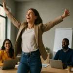 Učiteľka oslavuje kariérny skok v modernom kancelárskom prostredí.