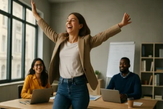 Učiteľka oslavuje kariérny skok v modernom kancelárskom prostredí.