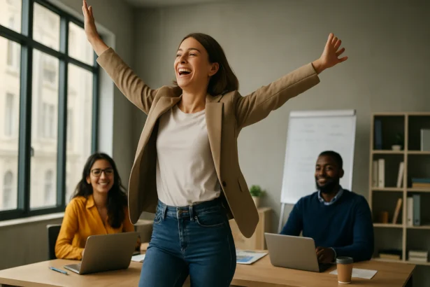 Učiteľka oslavuje kariérny skok v modernom kancelárskom prostredí.