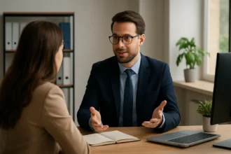 Finančný poradca diskutuje s klientom o budovaní dôvery a odbornosti.