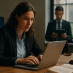 Žena právnička pracujúca na laptopu a muž s tabletom v kancelárii