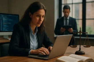 Žena právnička pracujúca na laptopu a muž s tabletom v kancelárii