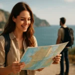Žena s mapou sa usmieva, pričom plánuje cestu pri mori.