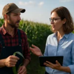 Diskusia medzi farmárom a odborníkom na poľnohospodárske inovácie na poli.