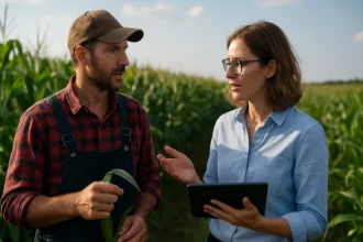 Diskusia medzi farmárom a odborníkom na poľnohospodárske inovácie na poli.