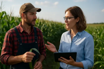 Diskusia medzi farmárom a odborníkom na poľnohospodárske inovácie na poli.