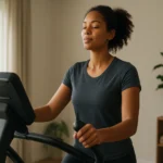 Žena cviči na eliptickom trenažéri s úsmevom a zatvorenými očami.
