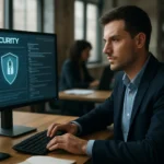 Muž pracujúci na bezpečnostnom IT projekte za počítačom