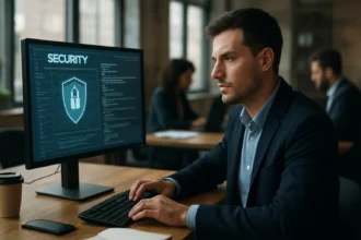 Muž pracujúci na bezpečnostnom IT projekte za počítačom