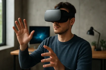 Muž v virtuálnej realite objavuje technológie budúcnosti