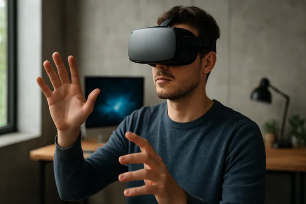 Muž v virtuálnej realite objavuje technológie budúcnosti