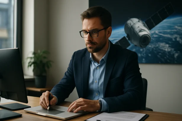Muž pracujúci na notebooku v kancelárii s vesmírnou témou na stene.