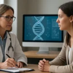 Lekár a pacient počas genetického poradenstva s DNA v pozadí