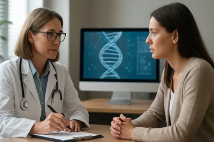 Lekár a pacient počas genetického poradenstva s DNA v pozadí