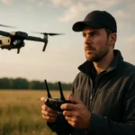 Muž ovládajúci drón na poli počas západu slnka.